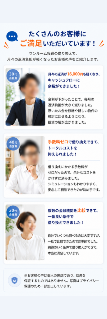 ワンルーム投資ローンの借り換えにより、月々の返済負担や手数料面で満足したお客様の声