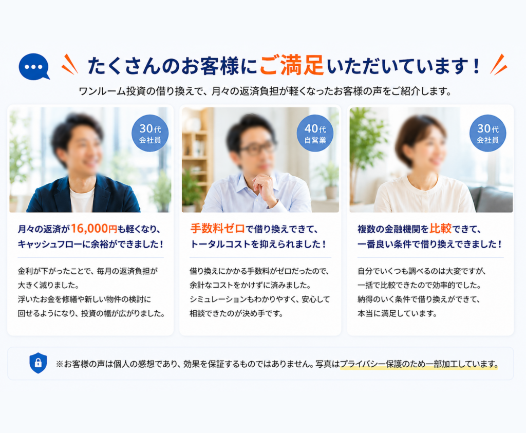 ワンルーム投資ローンの借り換えにより、月々の返済負担や手数料面で満足したお客様の声