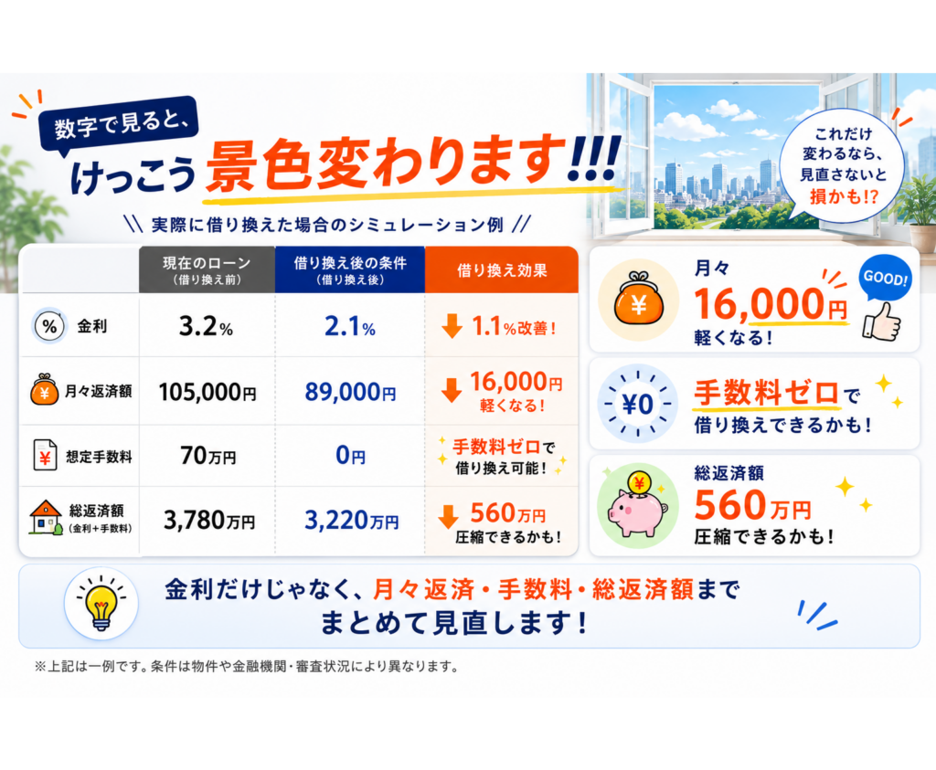 借り換え前後の金利、月々返済額、想定手数料、総返済額を比較した借り換え効果シミュレーション