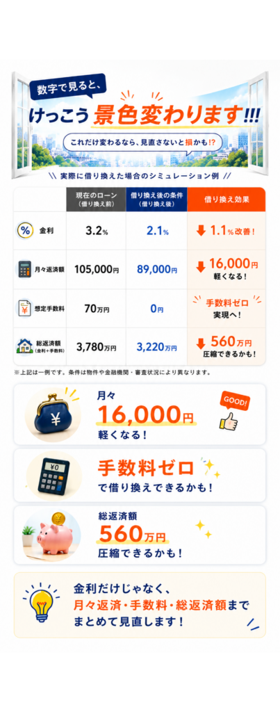 借り換え前後の金利、月々返済額、想定手数料、総返済額を比較した借り換え効果シミュレーション
