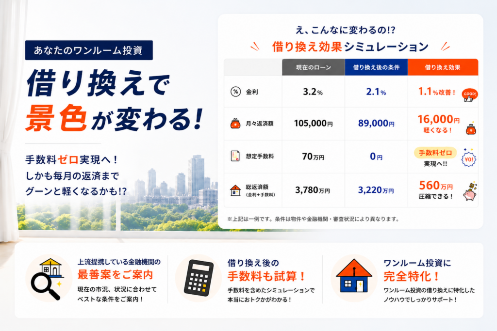 ワンルーム投資ローンの借り換えで、手数料ゼロや月々返済額の軽減を目指せる借り換え相談サービス